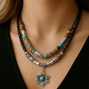 Bohemian Beaded Necklace with Flower Pendant